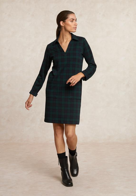 River Woods Korte Geruite V-hals Jurk Lange Mouwen Kaki