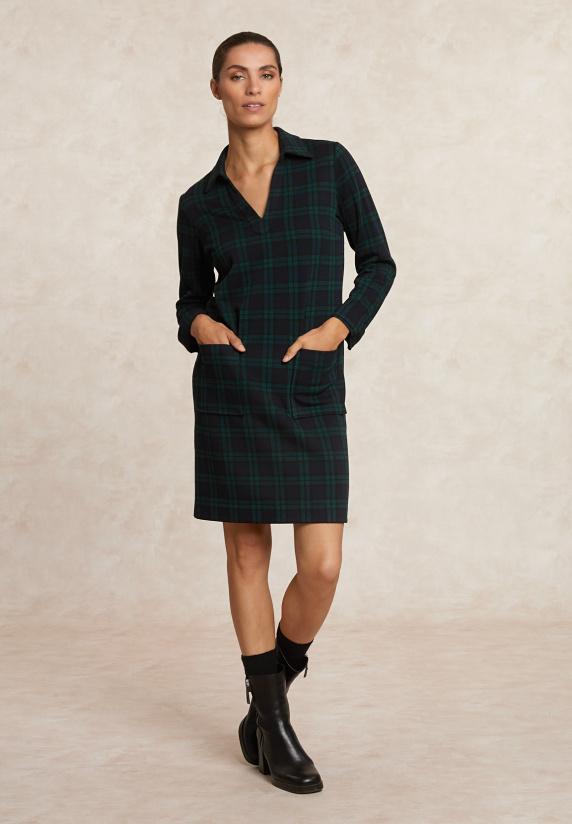 river woods Korte geruite V-hals jurk lange mouwen kaki