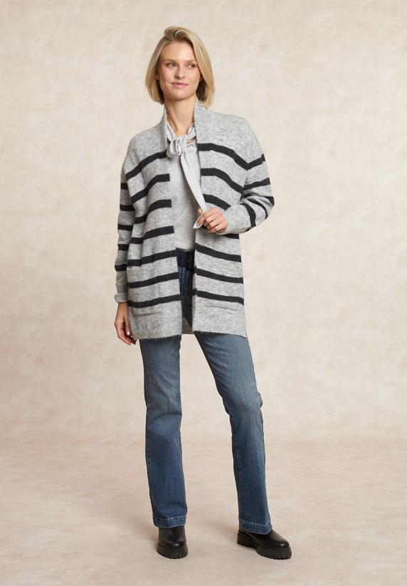 River Woods Lange Gestreepte V-hals Jersey Cardigan Opgestikte Zakken Zwart/grijs