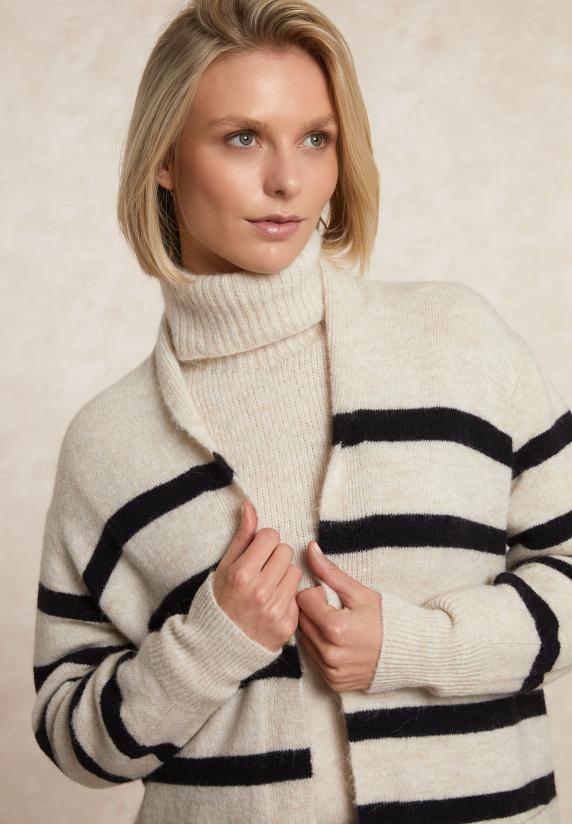 River Woods Lange Gestreepte V-hals Jersey Cardigan Opgestikte Zakken écru/navy