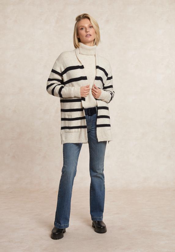 River Woods Lange Gestreepte V-hals Jersey Cardigan Opgestikte Zakken écru/navy