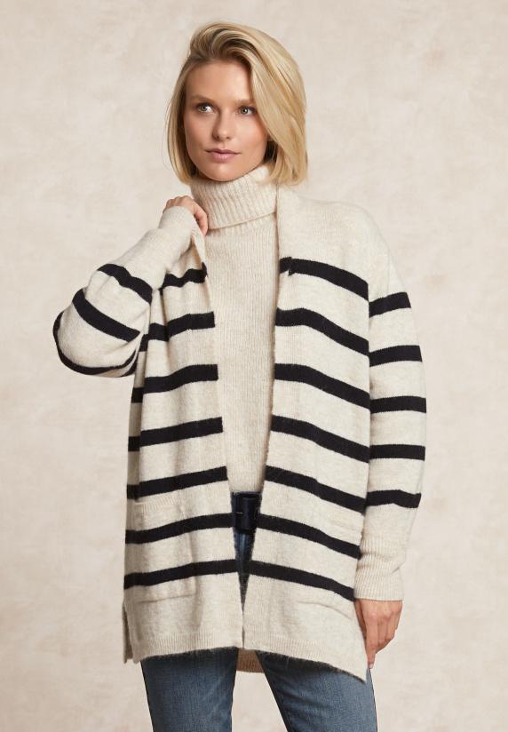 river woods Lange gestreepte V-hals jersey cardigan opgestikte zakken écru/navy