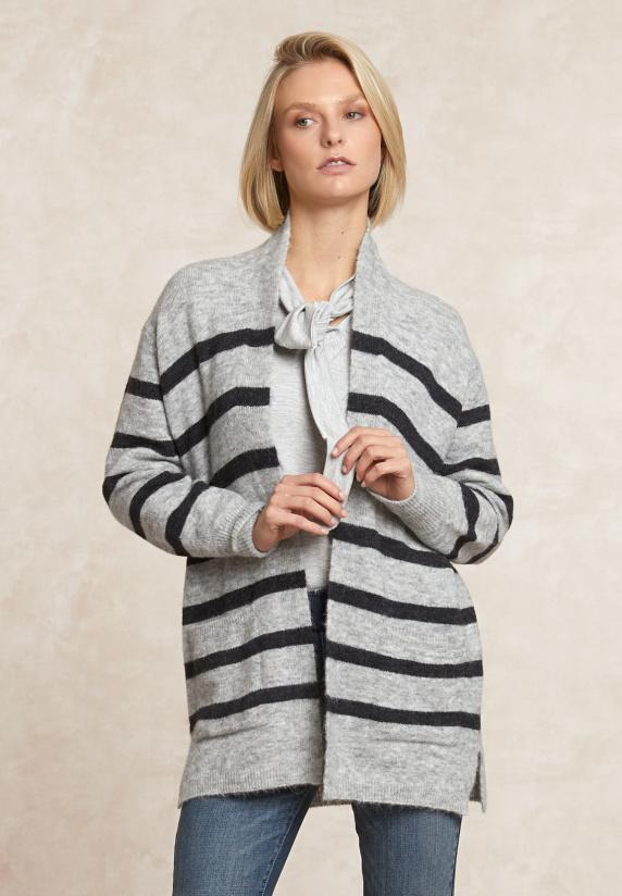 river woods Lange gestreepte V-hals jersey cardigan opgestikte zakken zwart/grijs