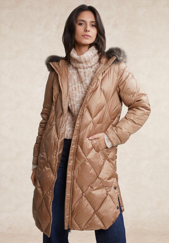 river woods Lange gewatteerde donsjas met kap camel