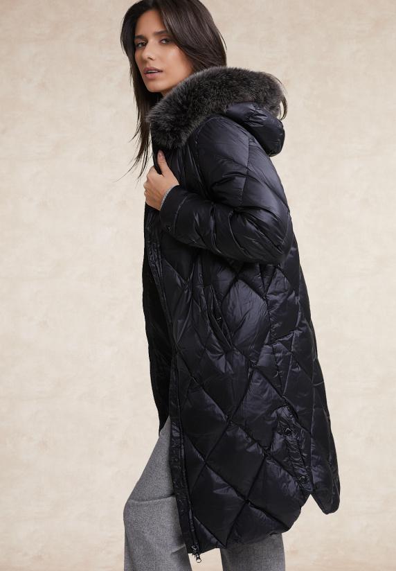 River Woods Lange Gewatteerde Donsjas Met Kap Zwart