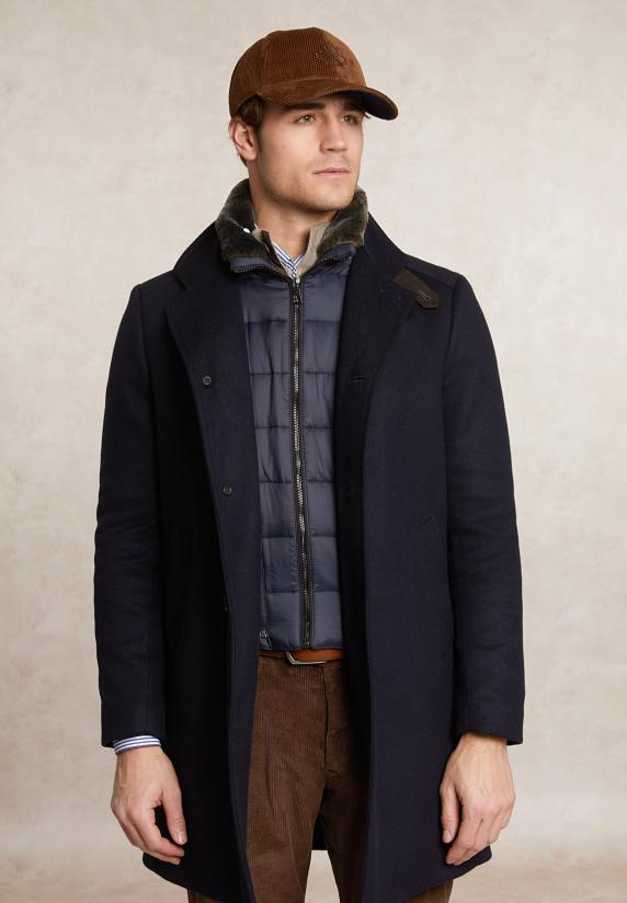 River Woods Lange Wollen Mantel Afneembare Bontkraag Blauw