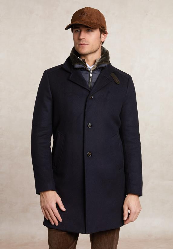 River Woods Lange Wollen Mantel Afneembare Bontkraag Blauw