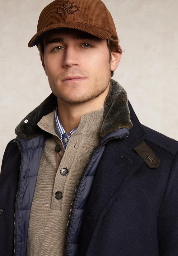 River Woods Lange Wollen Mantel Afneembare Bontkraag Blauw