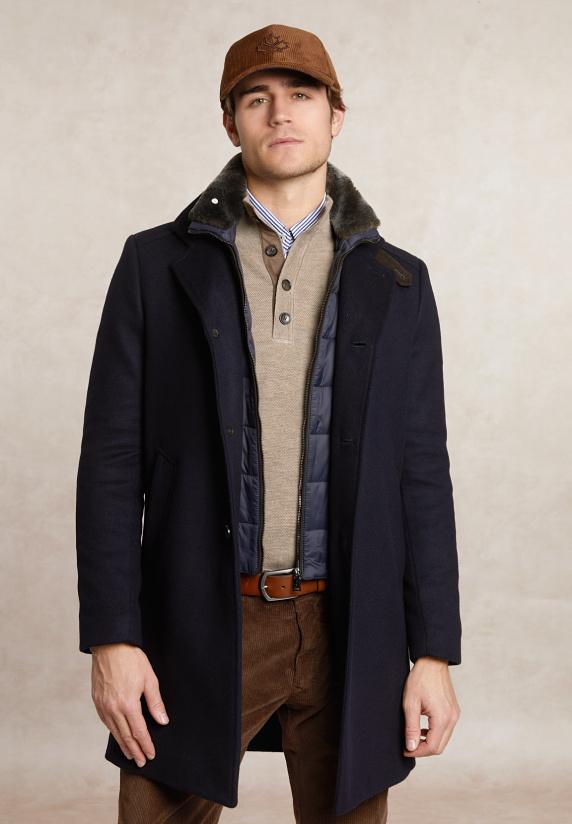 river woods Lange wollen mantel afneembare bontkraag blauw