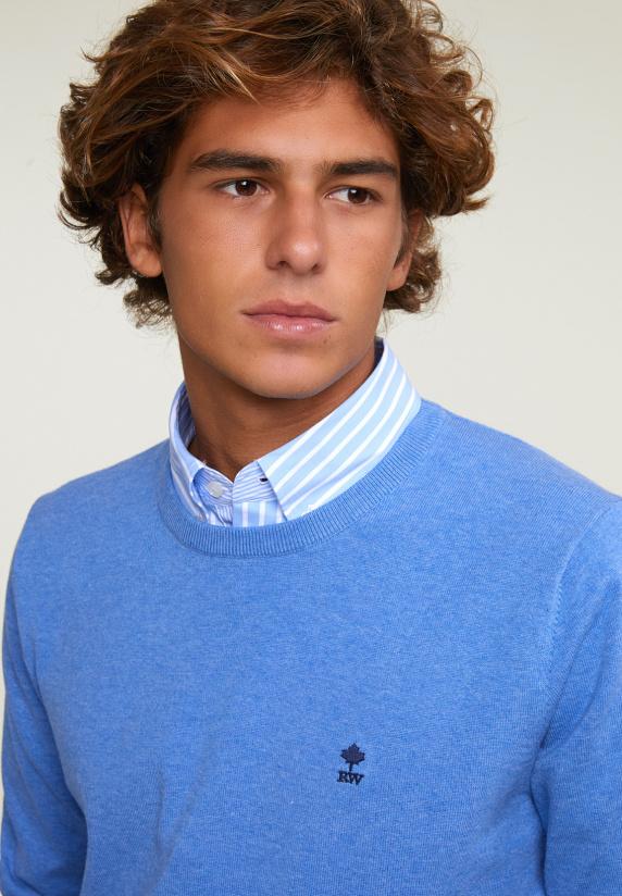 River Woods Normal Fit Basic Katoenen Trui Ronde Hals Lt Hamptons Blue Mix