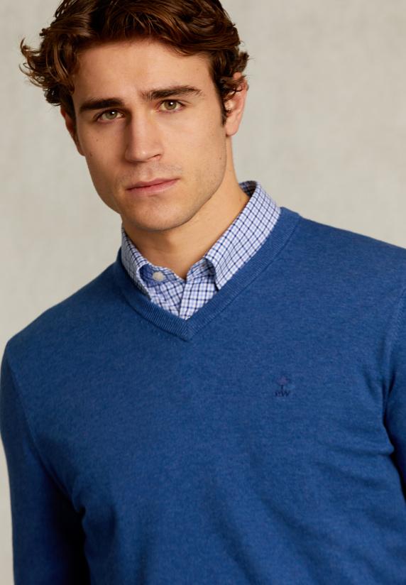 River Woods Normal Fit Basic Katoenen V-hals Trui Blue Jelly Mix