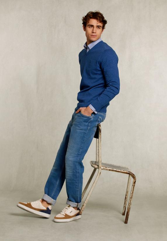 River Woods Normal Fit Basic Katoenen V-hals Trui Blue Jelly Mix