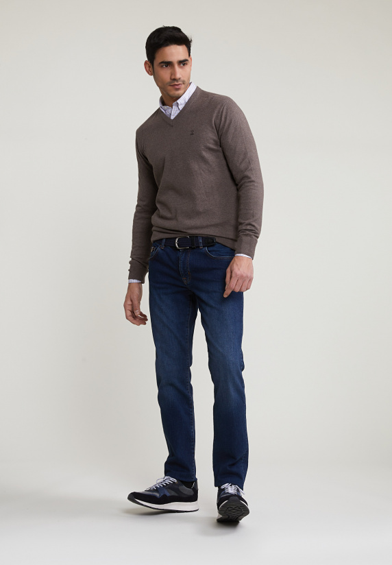 River Woods Normal Fit Basic Katoenen V-hals Trui Croissant Mix