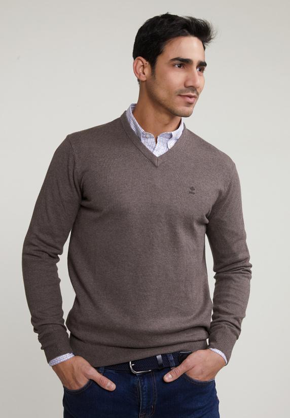 river woods Normal fit basic katoenen V-hals trui croissant mix