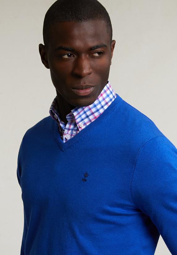 River Woods Normal Fit Basic Katoenen V-hals Trui Evening Blue Mix