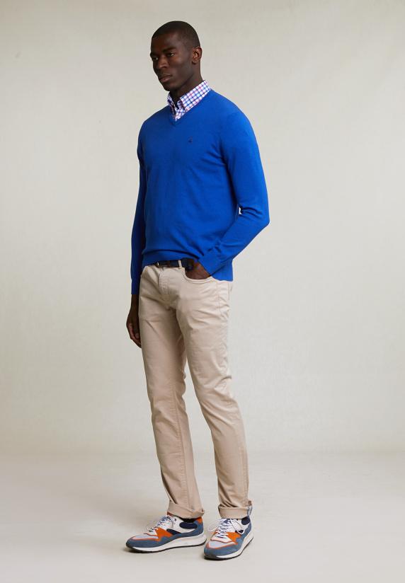 River Woods Normal Fit Basic Katoenen V-hals Trui Evening Blue Mix