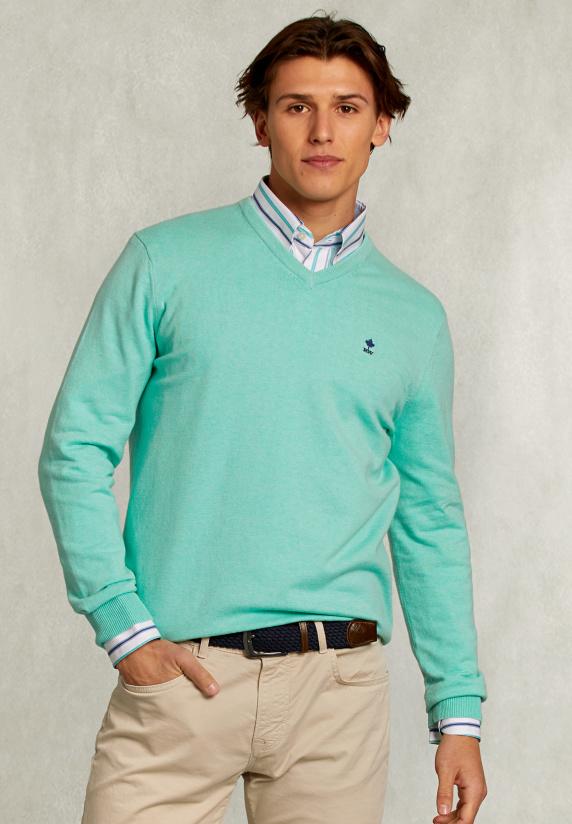 River Woods Normal Fit Basic Katoenen V-hals Trui Gimlet Mix