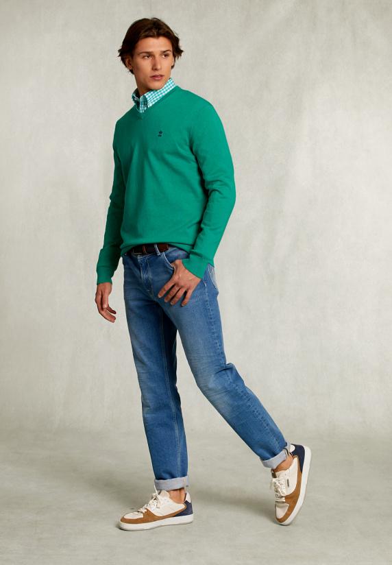 River Woods Normal Fit Basic Katoenen V-hals Trui Green Twist Mix