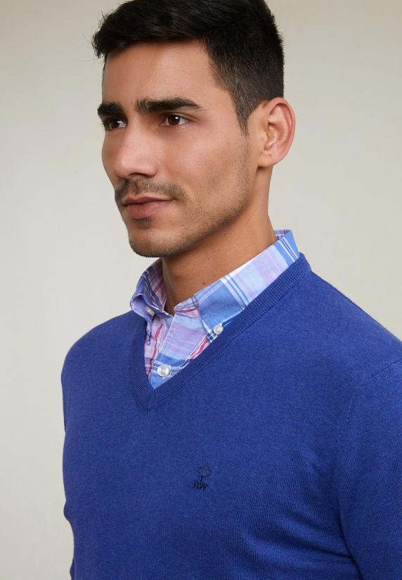 River Woods Normal Fit Basic Katoenen V-hals Trui Lt Lake Mix