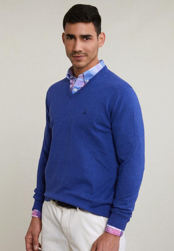 River Woods Normal Fit Basic Katoenen V-hals Trui Lt Lake Mix