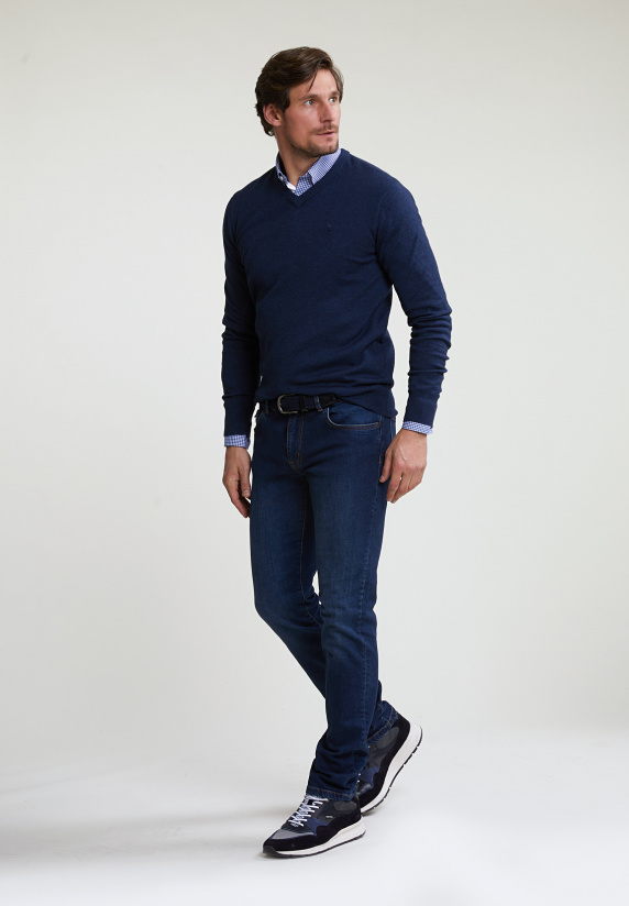 River Woods Normal Fit Basic Katoenen V-hals Trui Oriental Blue Mix