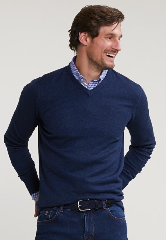 river woods Normal fit basic katoenen V-hals trui oriental blue mix