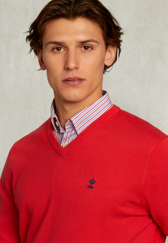 River Woods Normal Fit Basic Katoenen V-hals Trui Pomegranate