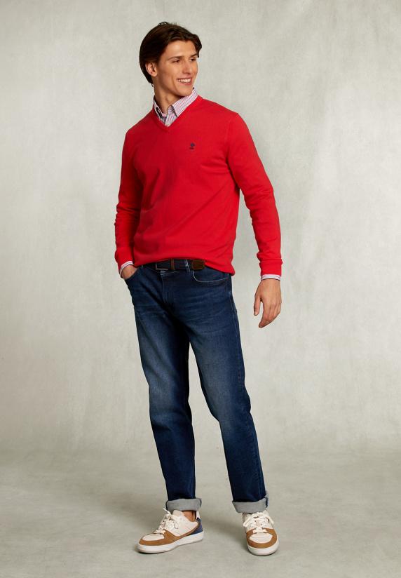 River Woods Normal Fit Basic Katoenen V-hals Trui Pomegranate