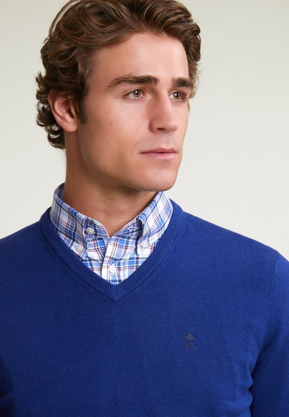 River Woods Normal Fit Basic Katoenen V-hals Trui Royal Blue Mix