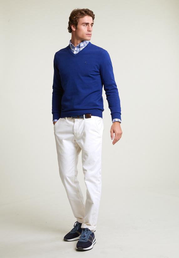 River Woods Normal Fit Basic Katoenen V-hals Trui Royal Blue Mix