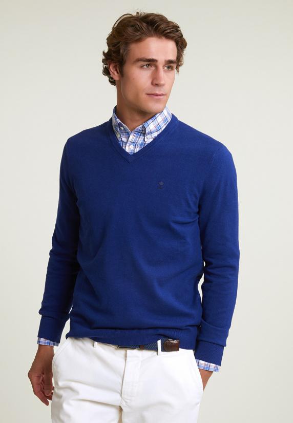river woods Normal fit basic katoenen V-hals trui royal blue mix