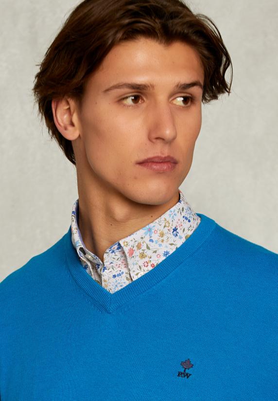 River Woods Normal Fit Basic Katoenen V-hals Trui Tropical Blue Mix