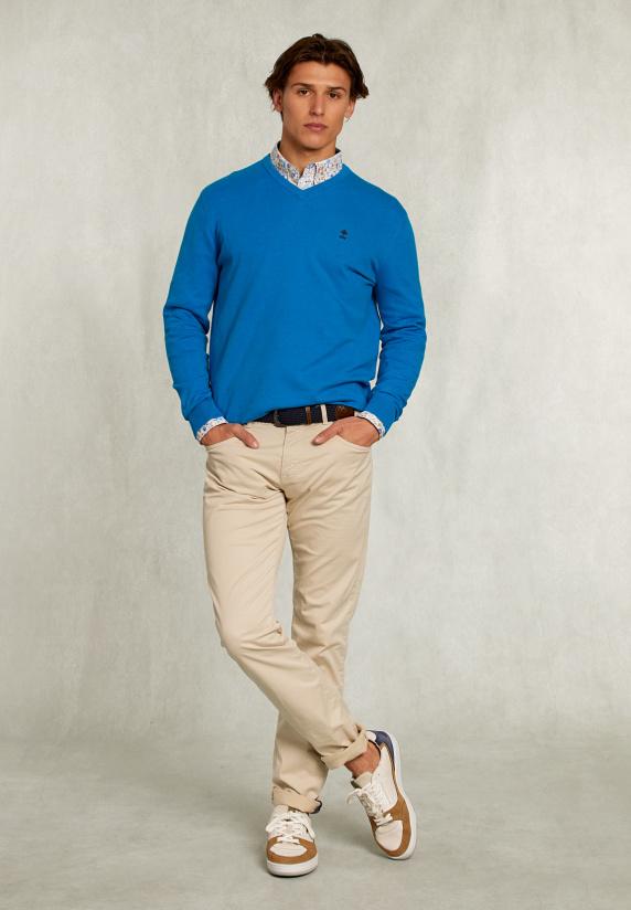 River Woods Normal Fit Basic Katoenen V-hals Trui Tropical Blue Mix