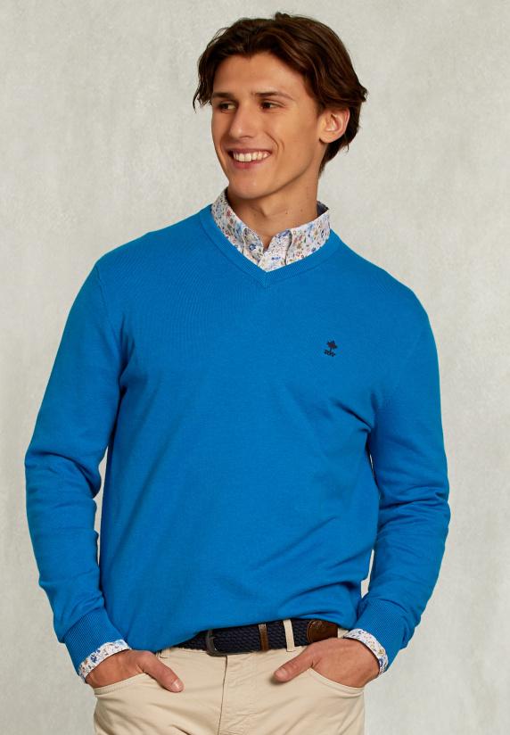 river woods Normal fit basic katoenen V-hals trui tropical blue mix