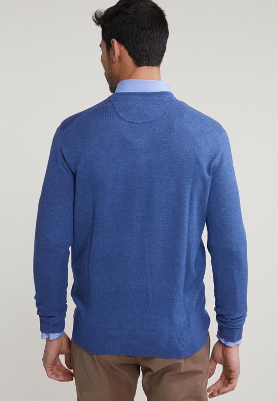 River Woods Normal Fit Basic Katoenen V-hals Trui Wagon Blue Mix