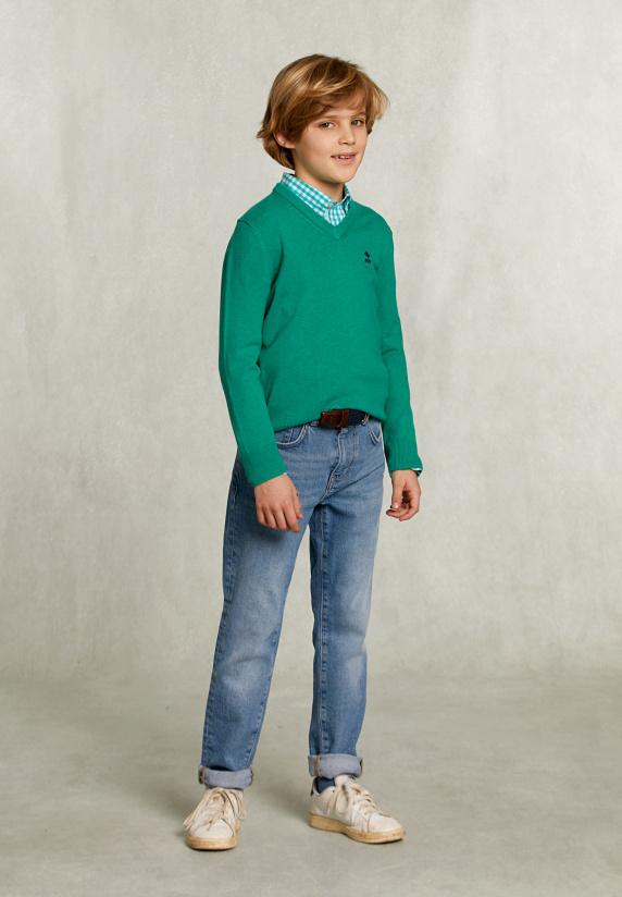 River Woods Normal Fit Basic V-hals Trui Green Twist Mix