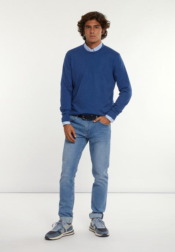 River Woods Normal Fit Katoenen Basic Trui Ronde Hals Denim Mix