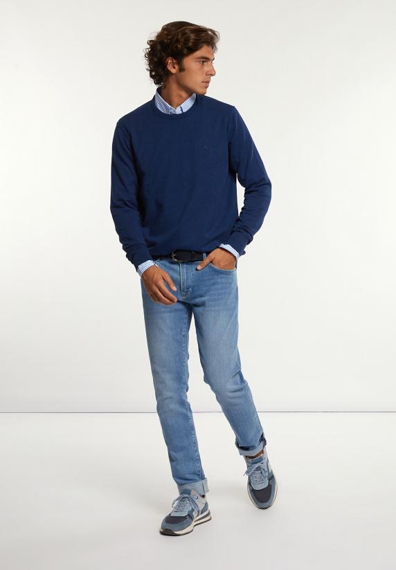 River Woods Normal Fit Katoenen Basic Trui Ronde Hals Night Denim Mix