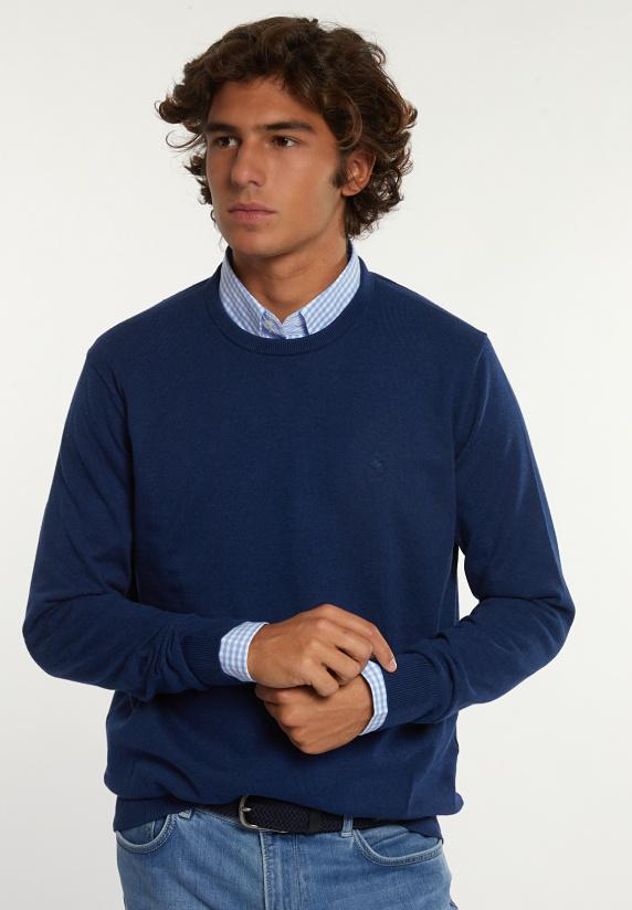 river woods Normal fit katoenen basic trui ronde hals night denim mix