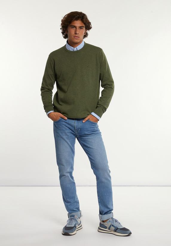 River Woods Normal Fit Katoenen Basic Trui Ronde Hals Olive Mix