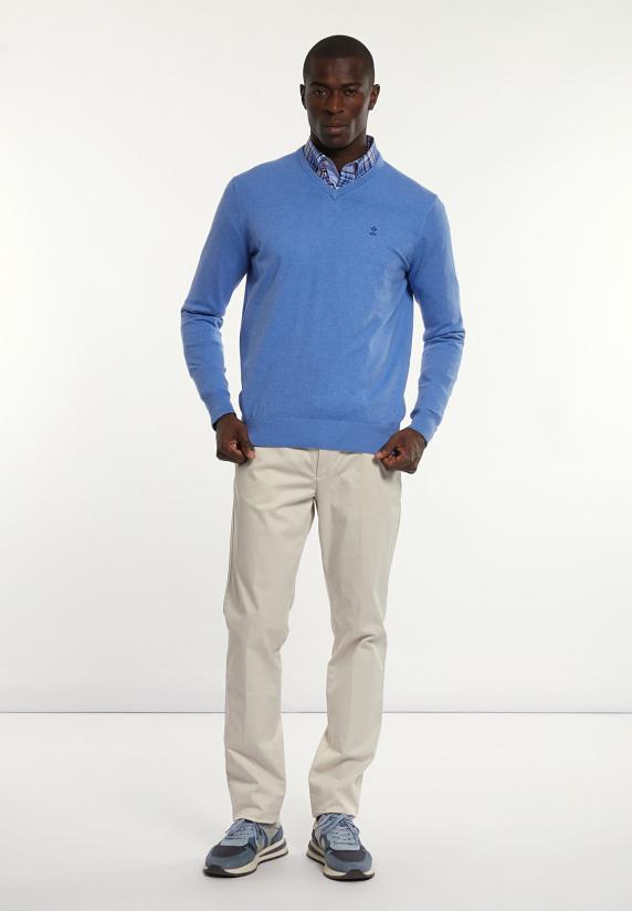 River Woods Normal Fit Katoenen Basic V-hals Trui Blue Azure Mix