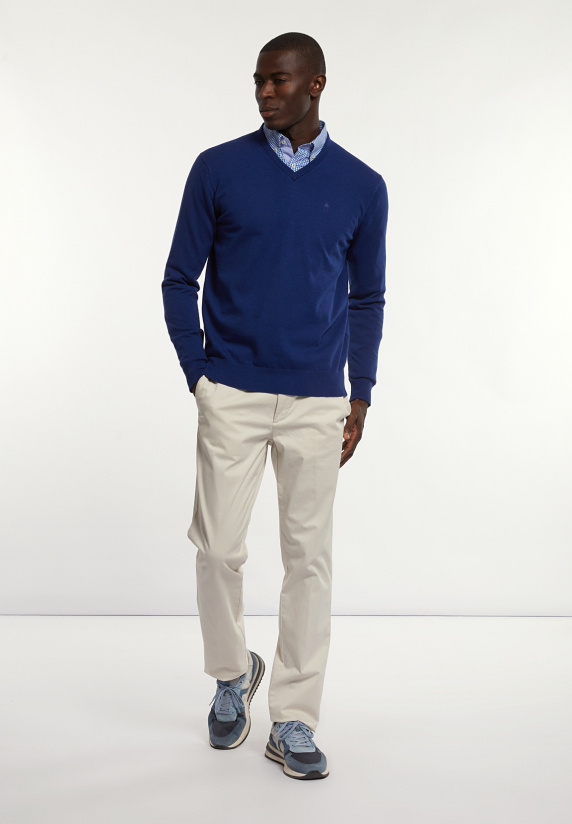 River Woods Normal Fit Katoenen Basic V-hals Trui Indigo Mix