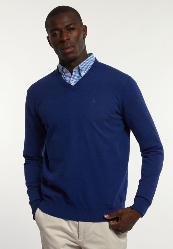 river woods Normal fit katoenen basic V-hals trui indigo mix