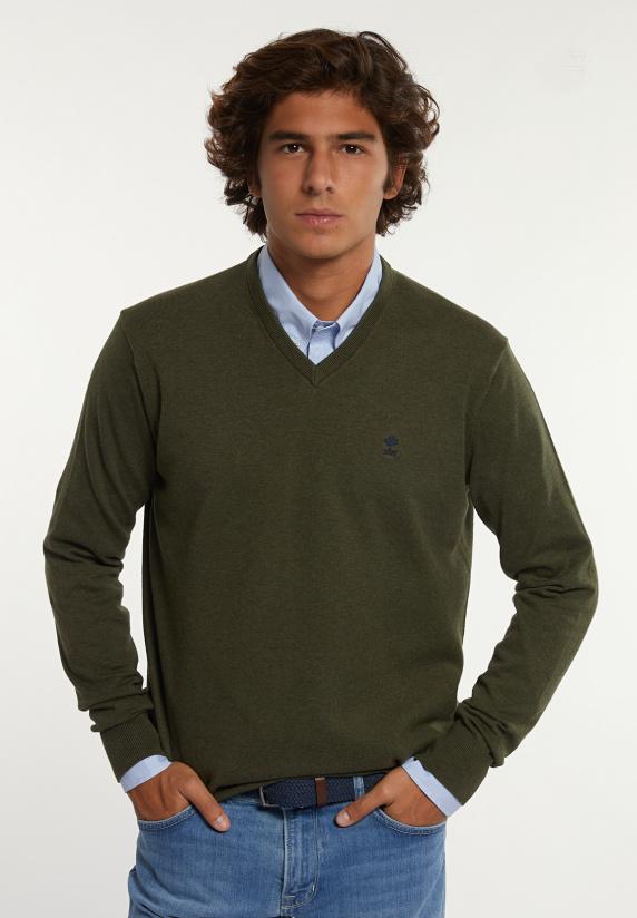 river woods Normal fit katoenen basic V-hals trui jungle mix