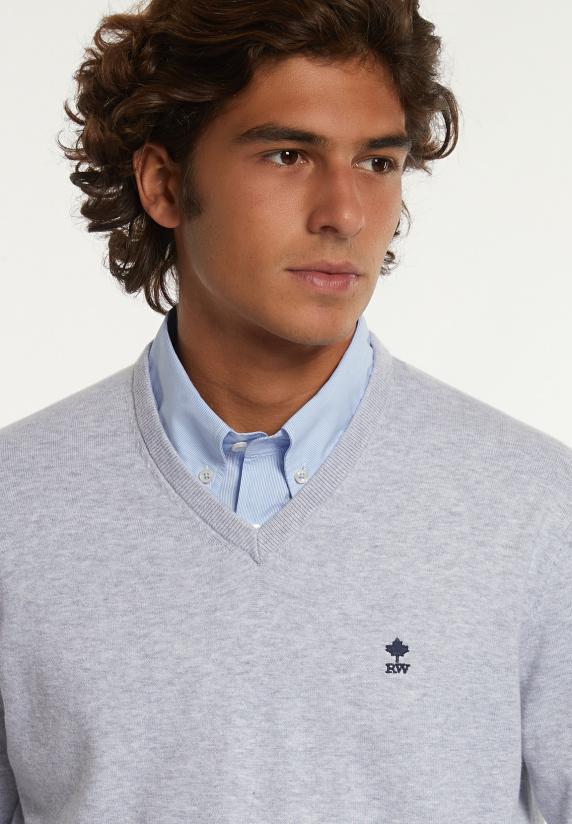 River Woods Normal Fit Katoenen Basic V-hals Trui Lt Grey Mix