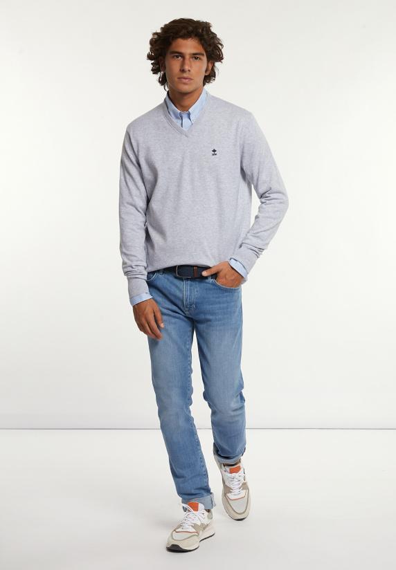 River Woods Normal Fit Katoenen Basic V-hals Trui Lt Grey Mix