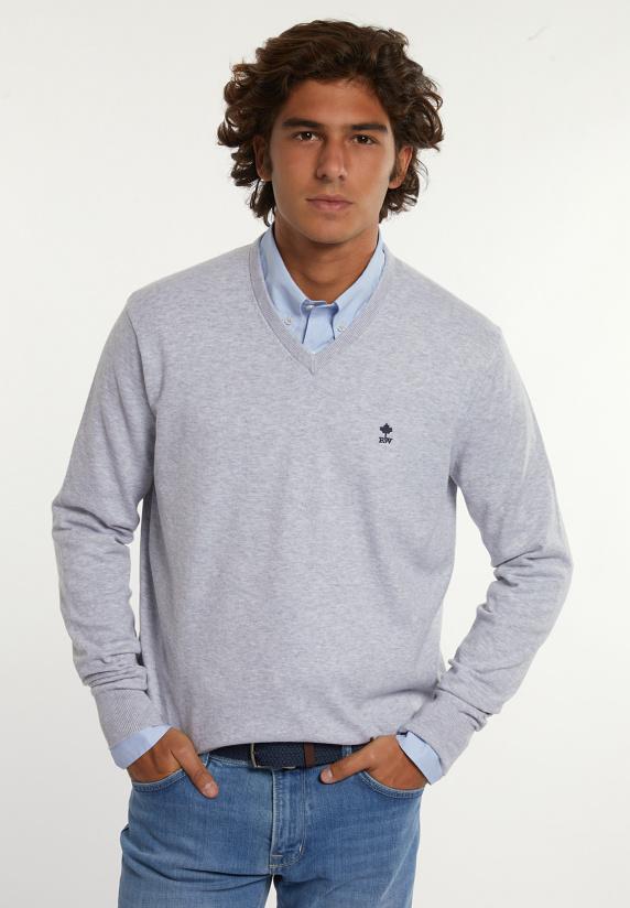 river woods Normal fit katoenen basic V-hals trui lt grey mix