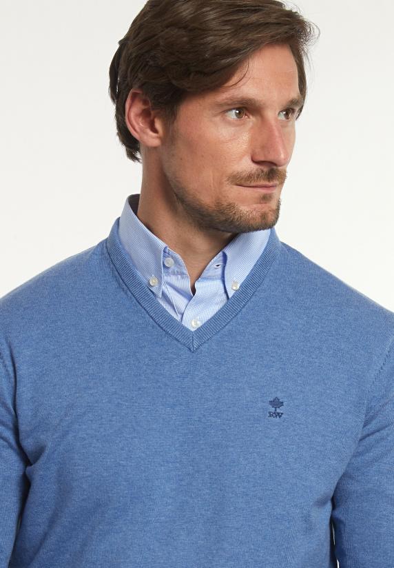 River Woods Normal Fit Katoenen Basic V-hals Trui Paros Blue Mix