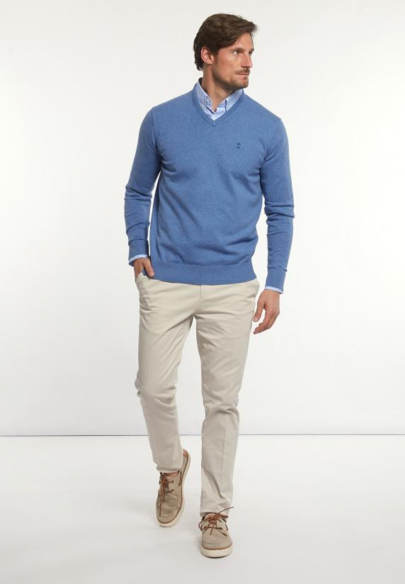 River Woods Normal Fit Katoenen Basic V-hals Trui Paros Blue Mix