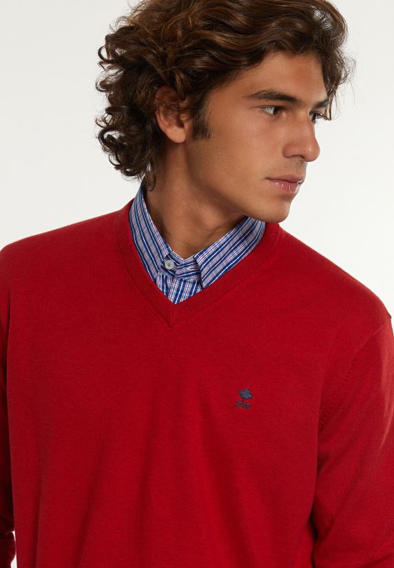 River Woods Normal Fit Katoenen Basic V-hals Trui Poppy Red Mix